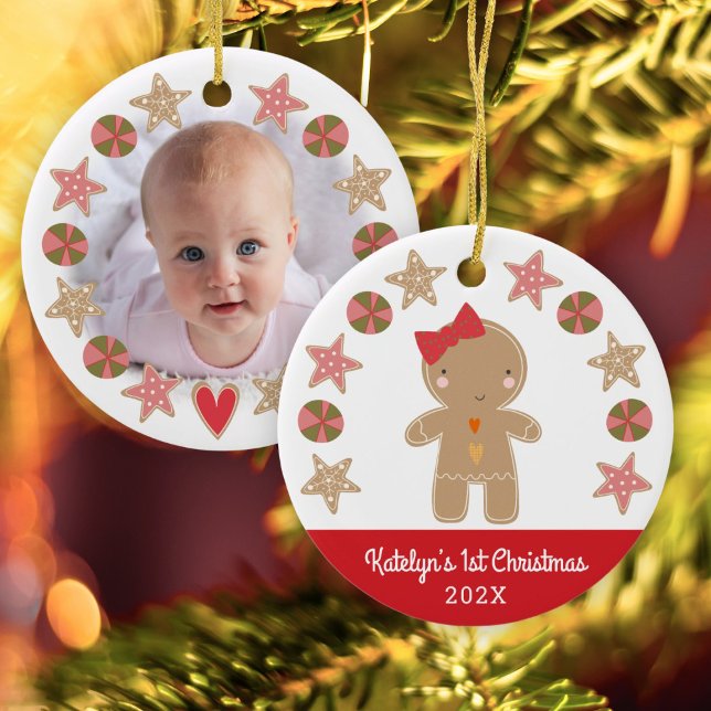 Photo First Christmas Gingerbread Baby Girl Red Ceramic Ornament (Creator Uploaded)