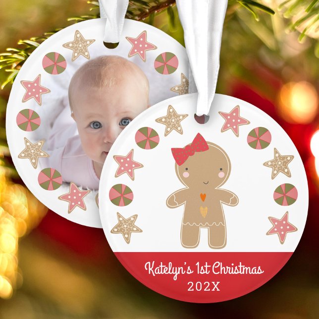 Photo First Christmas Gingerbread Girl Baby Red Ornament (Creator Uploaded)