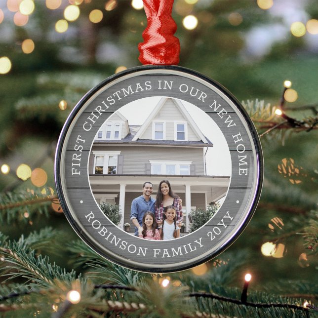 Photo First Christmas in our New Home Grey Wood Metal Ornament (Creator Uploaded)