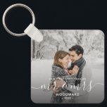 Photo First Christmas Married White Script Key Ring<br><div class="desc">Commemorate the first Christmas of your marriage with this keepsake photo keychain. The white text reads "Our first Christmas as Mr & Mrs, " with the words "Mr & Mrs" in elegant handwriting script with flourishes before and after. Replace the sample image with your favourite photo, and add your last...</div>