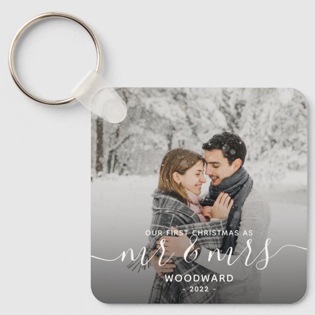 Photo First Christmas Married White Script Key Ring (Front)