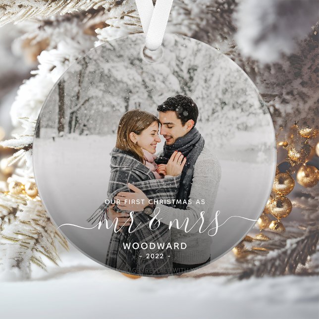 Photo First Christmas Married White Script Ornament (Creator Uploaded)