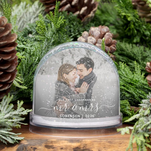 Photo First Christmas Married White Script Snowglobe (Winter)