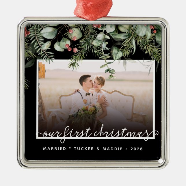  Photo First Christmas Married Winter Greenery  Metal Ornament (Front)
