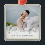 Photo First Christmas Mr Mrs Name Year Metal Ornament<br><div class="desc">Photo Overlay First Christmas As Mr And Mrs Name Year. To celebrate your first holiday as a married couple, easily personalise your names and year. With a stylish set script for First Christmas. Choose your favourite photo to replace the sample picture. Changes to colours of text can be made to...</div>
