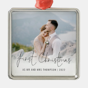 Photo First Christmas Mr Mrs Name Year Metal Ornament