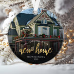 Photo First Christmas New Home Gold Script Ornament<br><div class="desc">Commemorate your first Christmas in your new home with this beautiful modern keepsake ornament. The text reads "First Christmas in our new home, " with the words "new home" in elegant gold faux foil script. Replace the sample image with a photo of your new house and add your family's last...</div>