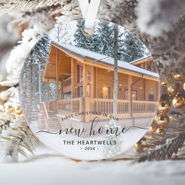 Photo First Christmas New Home Grey Script 2024 Ornament (Creator Uploaded)