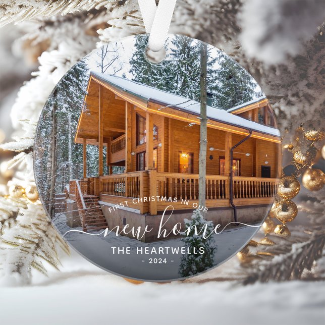 Photo First Christmas New Home White Script 2024 Ornament (Creator Uploaded)