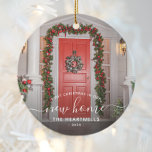 Photo First Christmas New Home White Script Ceramic Ornament<br><div class="desc">Commemorate your first Christmas in your new home with this beautiful modern keepsake ornament. The white text reads "First Christmas in our new home, " with the words "new home" in elegant handwriting script with flourishes before and after. Replace the sample image with a photo of your new house and...</div>