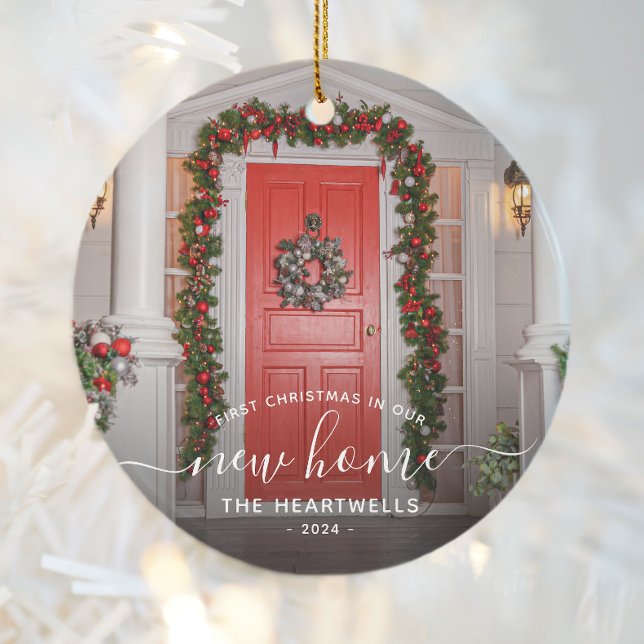 Photo First Christmas New Home White Script Ceramic Ornament (Creator Uploaded)