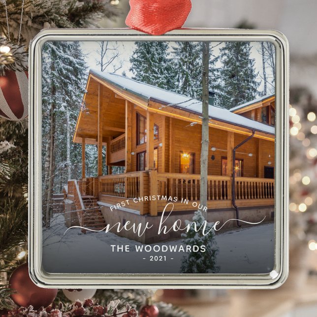 Photo First Christmas New Home White Script Metal Ornament (Creator Uploaded)