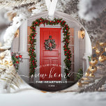 Photo First Christmas New Home White Script Ornament<br><div class="desc">Commemorate your first Christmas in your new home with this beautiful modern keepsake ornament. The white text reads "First Christmas in our new home, " with the words "new home" in elegant handwriting script with flourishes before and after. Replace the sample image with a photo of your new house and...</div>