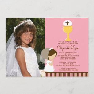 Photo First Communion Invitation Praying Girl Pink