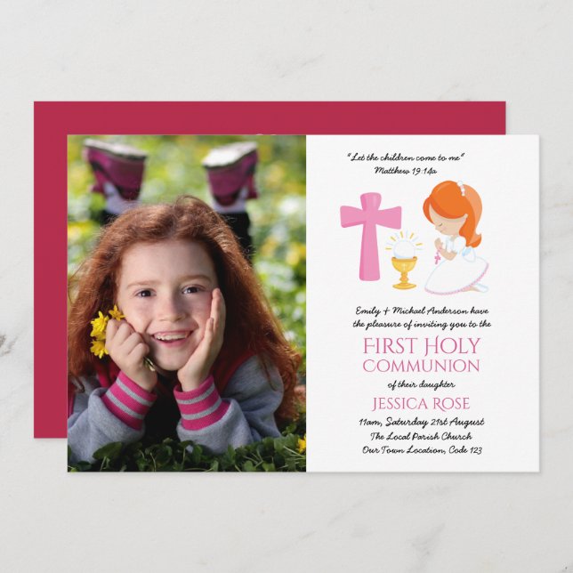 PHOTO First Holy Communion Invites Girl RED Hair (Front/Back)