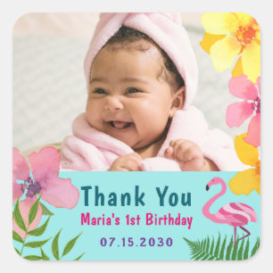 Photo Flamingo 1st Birthday Thank You Square Sticker