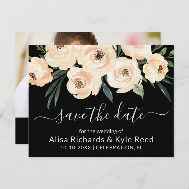 Photo Floral Beige Blush Gold Black Save the Date Announcement (Front/Back)