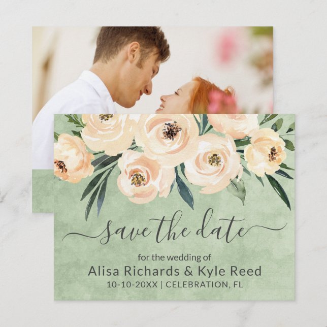 Photo Floral Beige Blush Gold Green Save the Date Announcement (Front/Back)