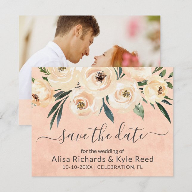 Photo Floral Beige Blush Roses Gold Announcement (Front/Back)