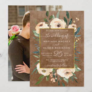 Photo Floral Beige Blush Roses Gold Brown Wedding Invitation