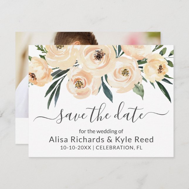 Photo Floral Beige Blush Roses Gold Save the Date Announcement (Front/Back)