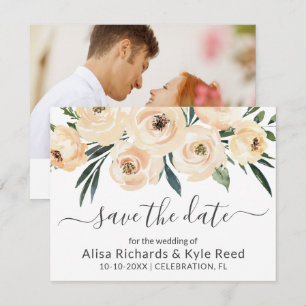 Photo Floral Beige Blush Roses Gold Save the Date Announcement