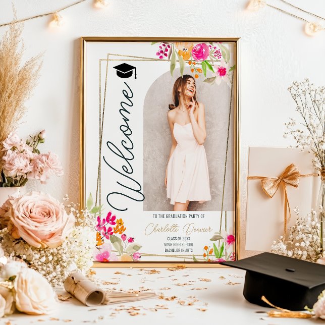 Photo Floral Boho floral gold script graduation Poster (Photo Floral Boho floral gold script graduation Poster)
