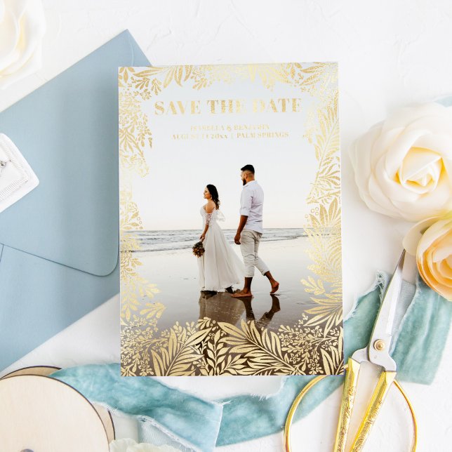 Photo Floral Botanical Modern Save The Date Gold (Creator Uploaded)