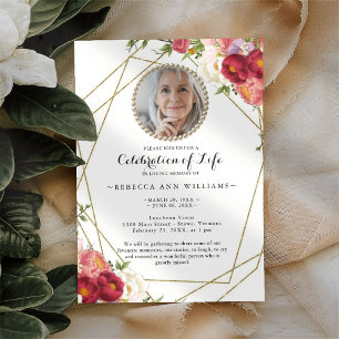Photo Floral Burgundy Blush Celebration of Life  Invitation