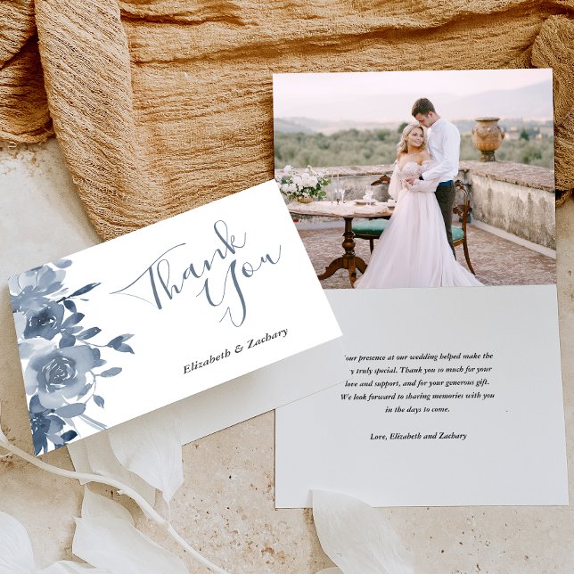 Photo Floral Dusty Blue Wedding Thank You Card (Creator Uploaded)