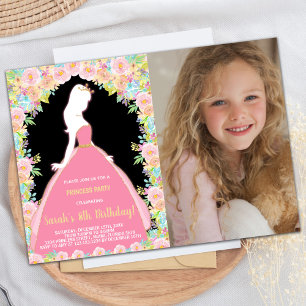 Photo Floral Glitter Black Pink Princess Birthday Invitation
