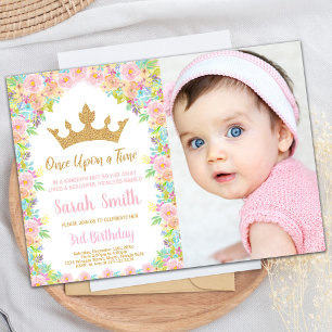 Photo Floral Glitter Crown Princess Birthday Invitation