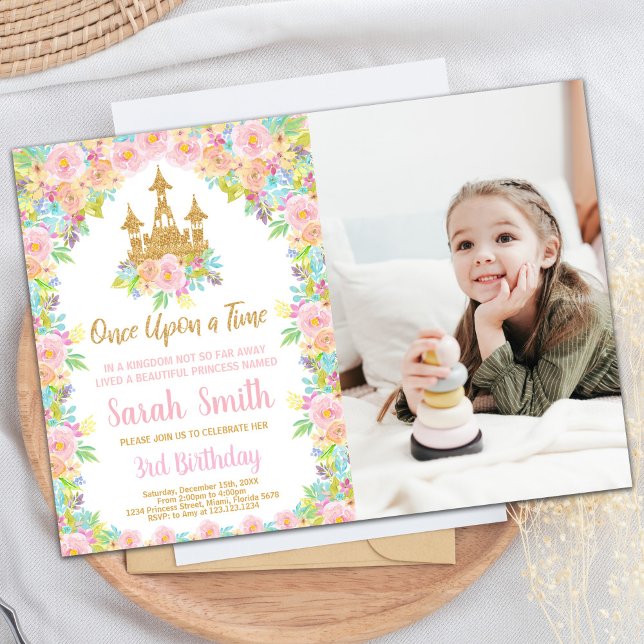 Photo Floral Glitter Golden Princess Birthday Invitation (Photo Floral Glitter Golden Princess Birthday Invitation)