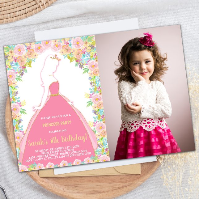 Photo Floral Glitter Pink Princess Birthday Invitation (Photo Floral Glitter Pink Princess Birthday Invitation)