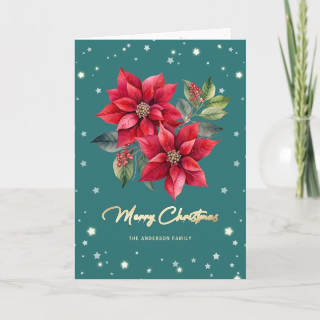 Photo Floral Green Watercolor Merry Christmas Card (Front)