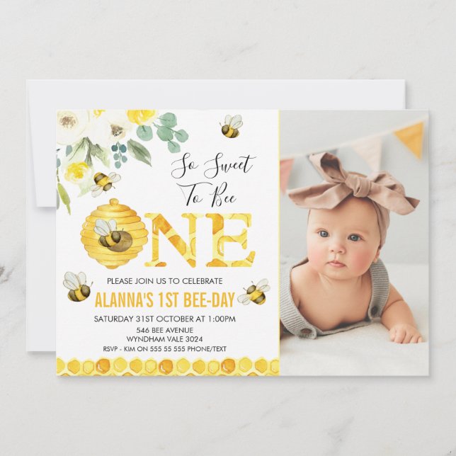 Photo Floral Honey Bee First Bee-day Birthday Invitation (Front)