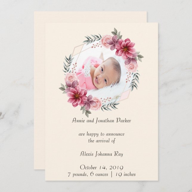 Photo Floral Newborn Birth Announcement (Front/Back)