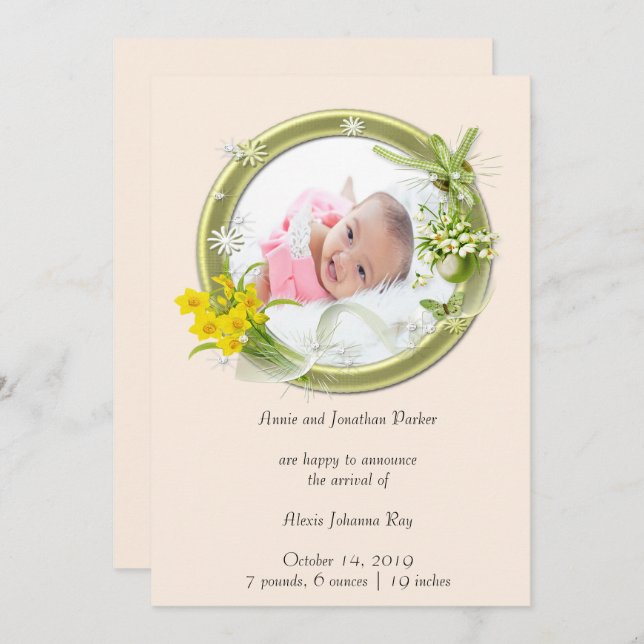 Photo Floral Newborn Birth Announcement (Front/Back)
