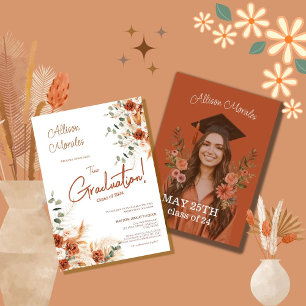 Photo Floral Pampas Bohemian Terracotta Graduation Invitation