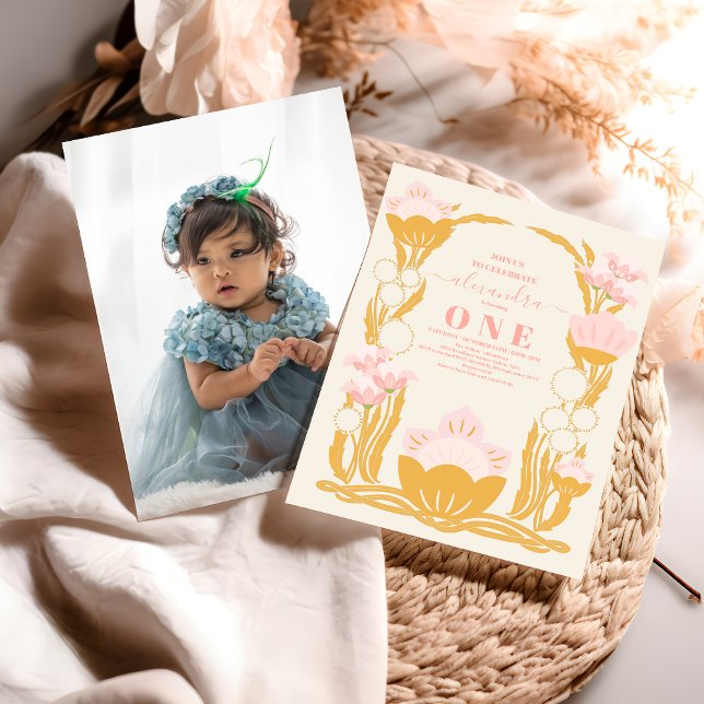 Photo Floral Pink Gold 1st Birthday Invitation (Creator Uploaded)