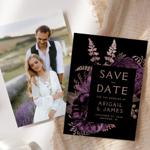 Photo Floral Purple Rose Gold Save the Date Invitation