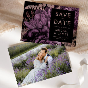 Photo Floral Purple Rose Gold Save the Date Invitation