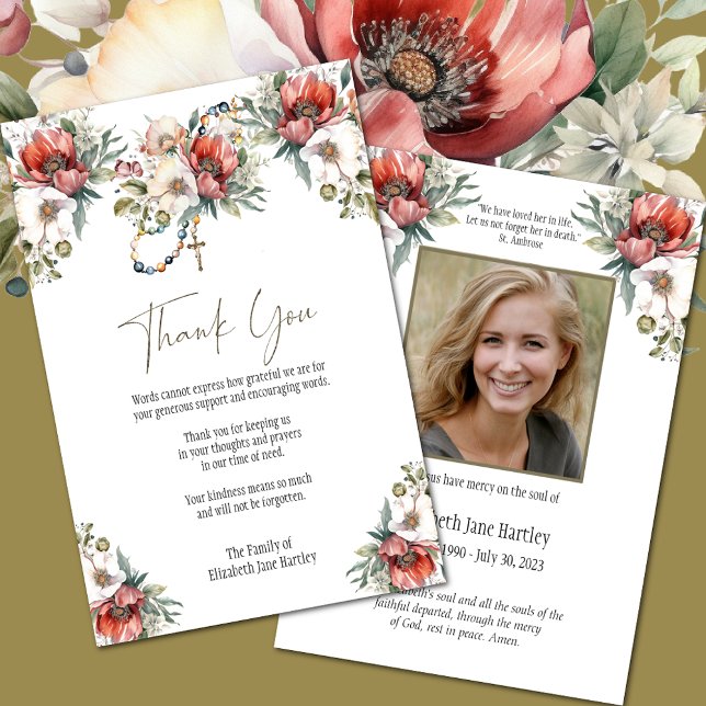 Photo Floral Rosary  Funeral Condolence Sympathy Thank You Card (Easy to Personalize Catholic Funeral Thank You Cards)