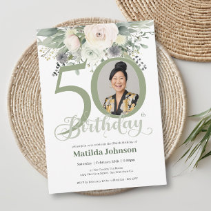 Photo Floral Sage 50th Birthday  Invitation