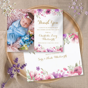 Photo Floral Script Thank You Birth Announcement