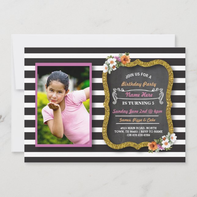 Photo Floral Stripe Flowers Pink Birthday Invite (Front)