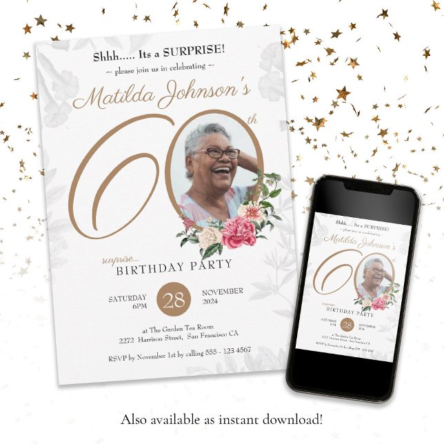 Photo Floral Surprise 60th Birthday  Invitation (Surprise 60th Birthday Floral Gold White Custom Invitation)