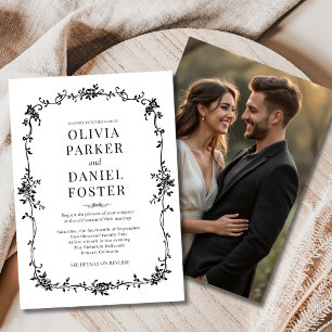Photo Floral Victorian French Black White Wedding  Invitation