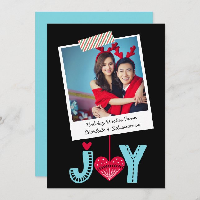 Photo Frame And Tape Christmas Joy Heart Holiday Card (Front/Back)