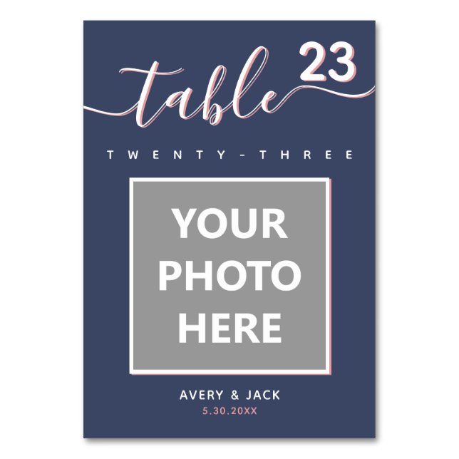 Photo Frame Elegant & Modern Script Navy & Blush Table Number (Front)